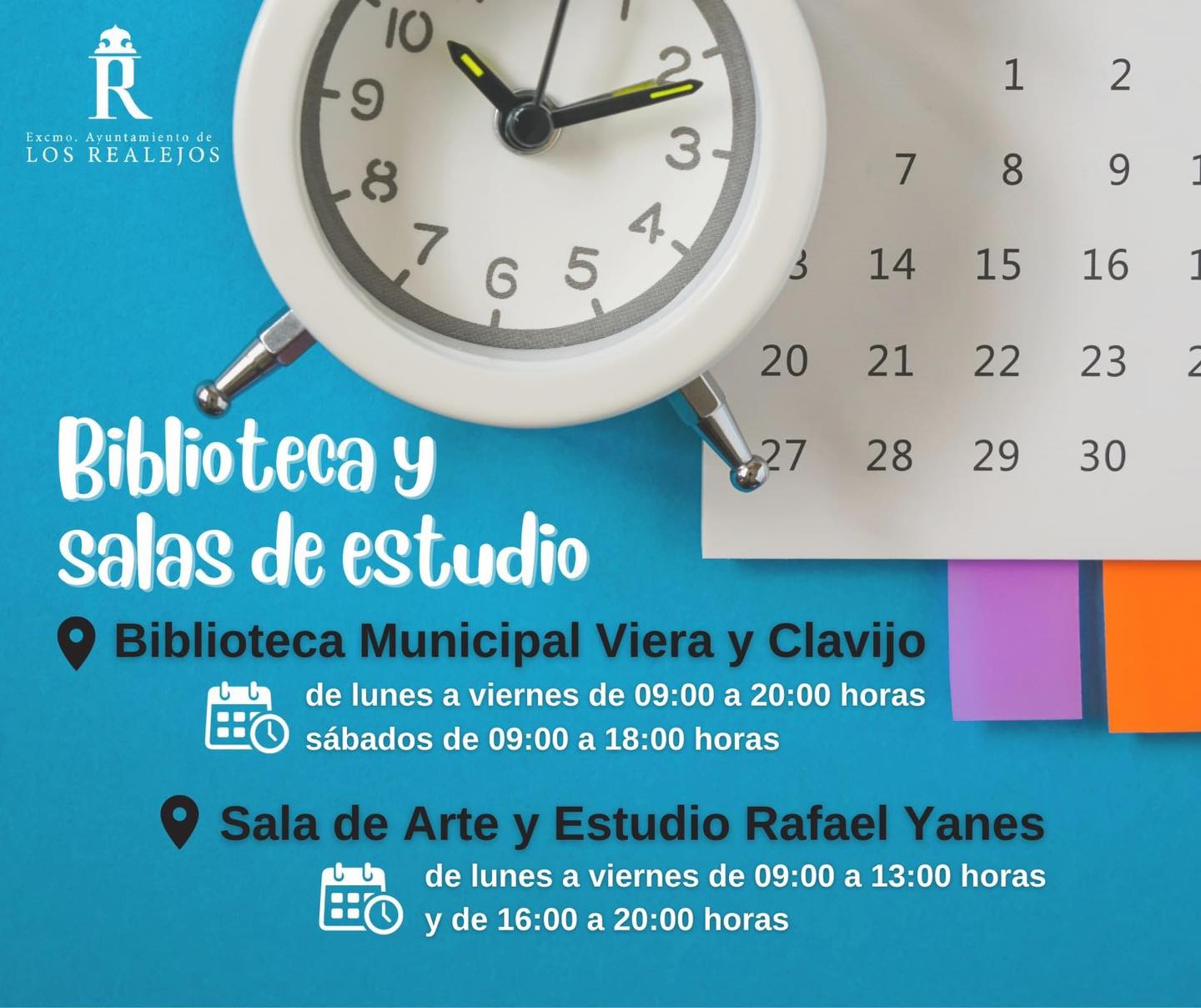 Nuevos Horarios de la Biblioteca municipal y la Sala de Arte y Estudio Rafael Yanes Los Realejos